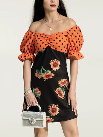 Ruched Polka Dot Flounce Sleeve Dress Trendsi