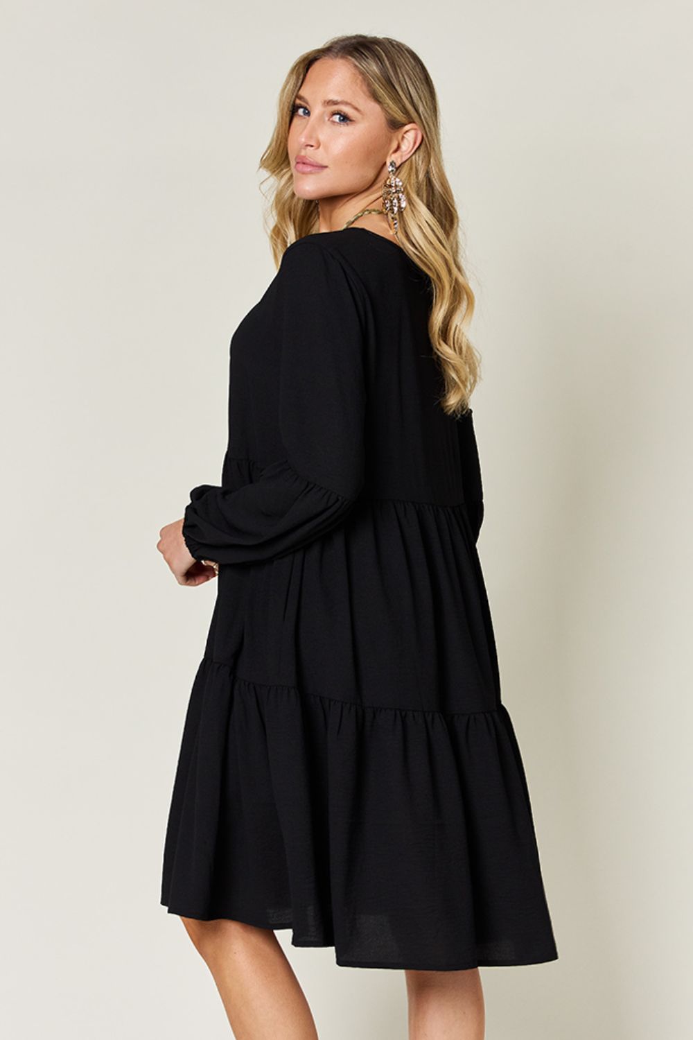 Double Take Full Size V-Neck Balloon Sleeve Tiered Dress Trendsi