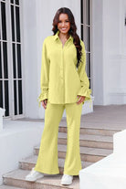 Drawstring Flounce Sleeve Shirt and Pants Set Trendsi