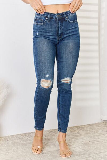 Judy Blue Full Size High Waist Distressed Slim Jeans Trendsi