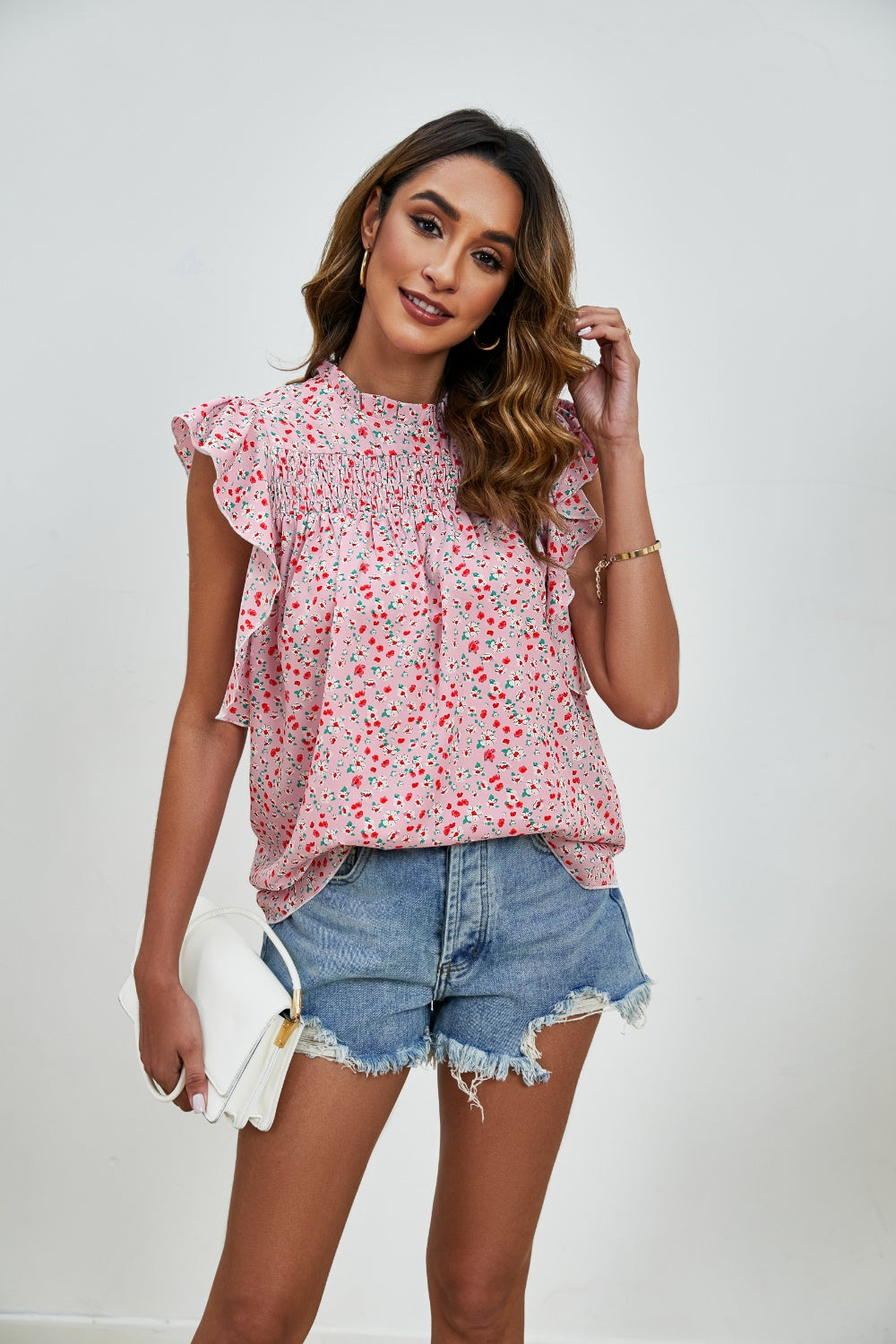 Ruffled Ditsy Floral Mock Neck Cap Sleeve Blouse Trendsi