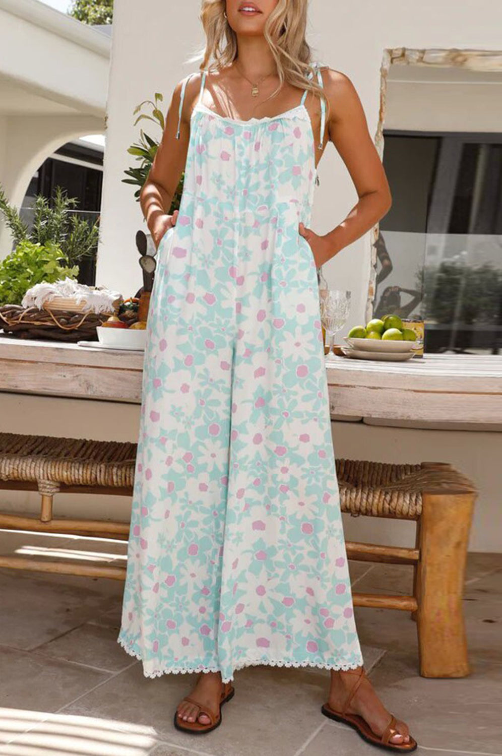 Printed Wide Leg Jumpsuit with Pockets Trendsi