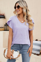 Eyelet V-Neck Petal Sleeve T-Shirt Trendsi