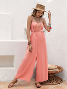 Openwork Spaghetti Strap Wide Leg Jumpsuit Trendsi