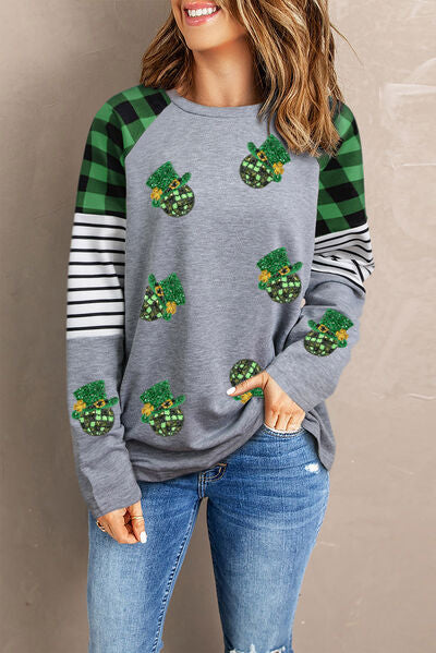 Sequin Plaid Round Neck Sweatshirt Trendsi