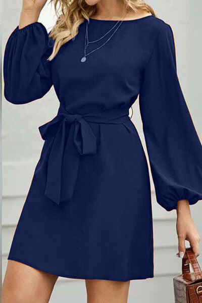 Tied Boat Neck Balloon Sleeve Mini Dress Trendsi