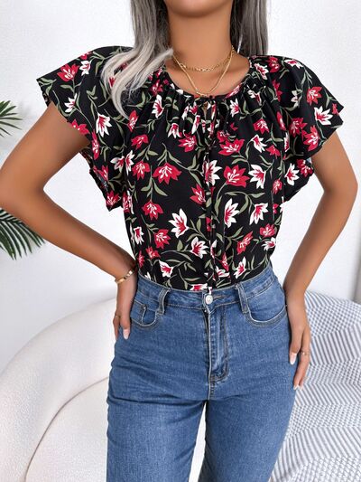 Floral Tie Neck Flutter Sleeve Blouse Trendsi