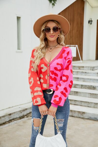 Leopard Button Up Dropped Shoulder Cardigan Trendsi