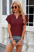 Eyelet Notched Short Sleeve T-Shirt Trendsi