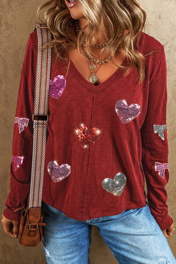 Sequin Heart V-Neck Long Sleeve T-Shirt Trendsi