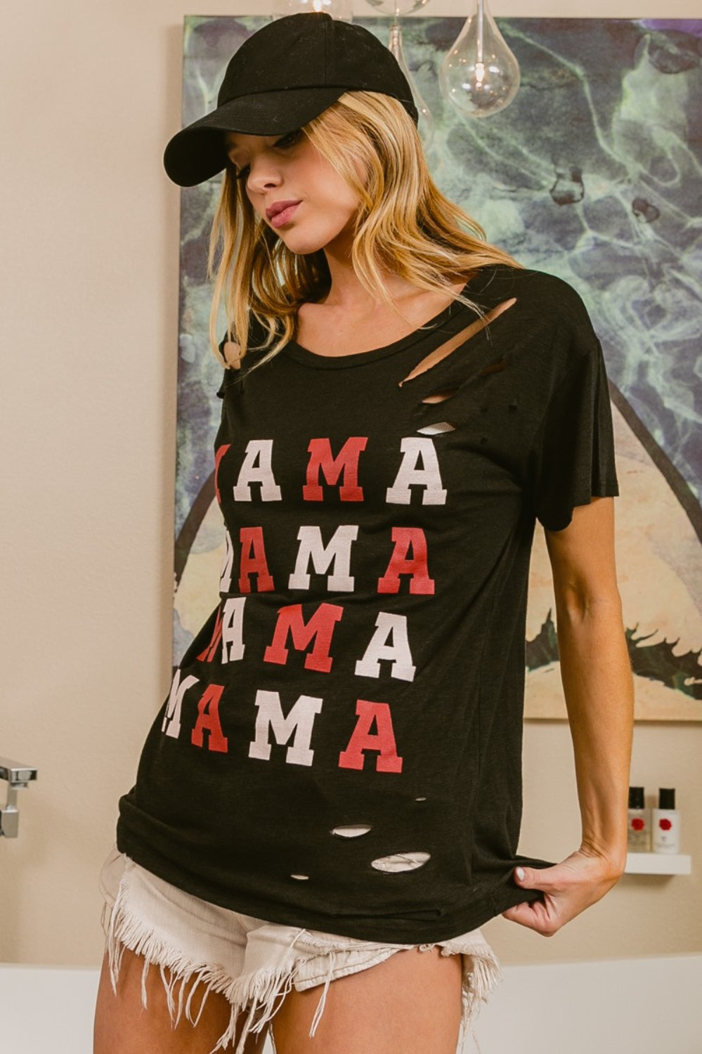 BiBi MAMA Graphic Distressed Short Sleeve T-Shirt Trendsi