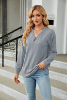 Decorative Button V-Neck Long Sleeve T-Shirt Trendsi