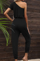 Drawstring Waist One-Shoulder Jumpsuit with Pockets Casual Chic Boutique