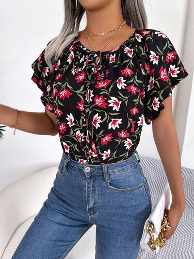 Floral Tie Neck Flutter Sleeve Blouse Trendsi