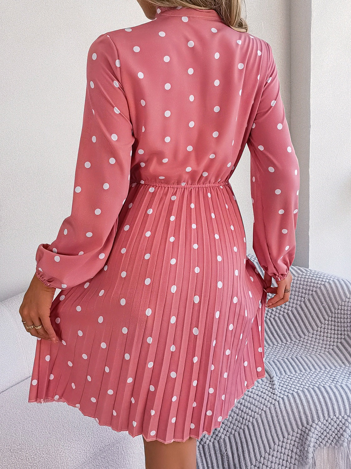 Polka Dot Tie Neck Pleated Dress Trendsi