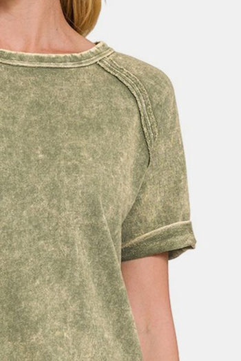 Zenana Heathered Round Neck Short Sleeve Blouse Trendsi