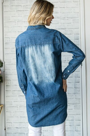 Veveret Pocketed Button Up Washed Denim Shirt Trendsi