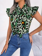 Leopard Tie Neck Cap Sleeve Blouse Trendsi