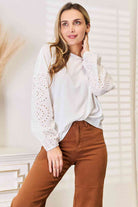 Double Take Eyelet Dropped Shoulder Round Neck Blouse Trendsi