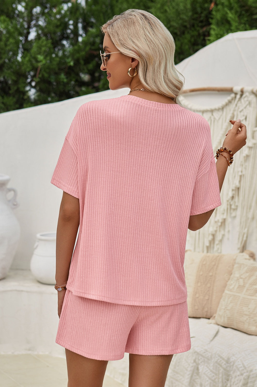 Ribbed Round Neck Top and Shorts Set Trendsi