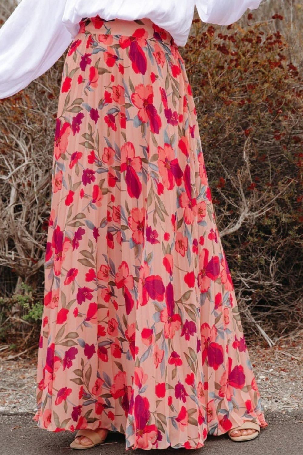 Printed Elastic Waist Pleated Maxi Skirt Trendsi