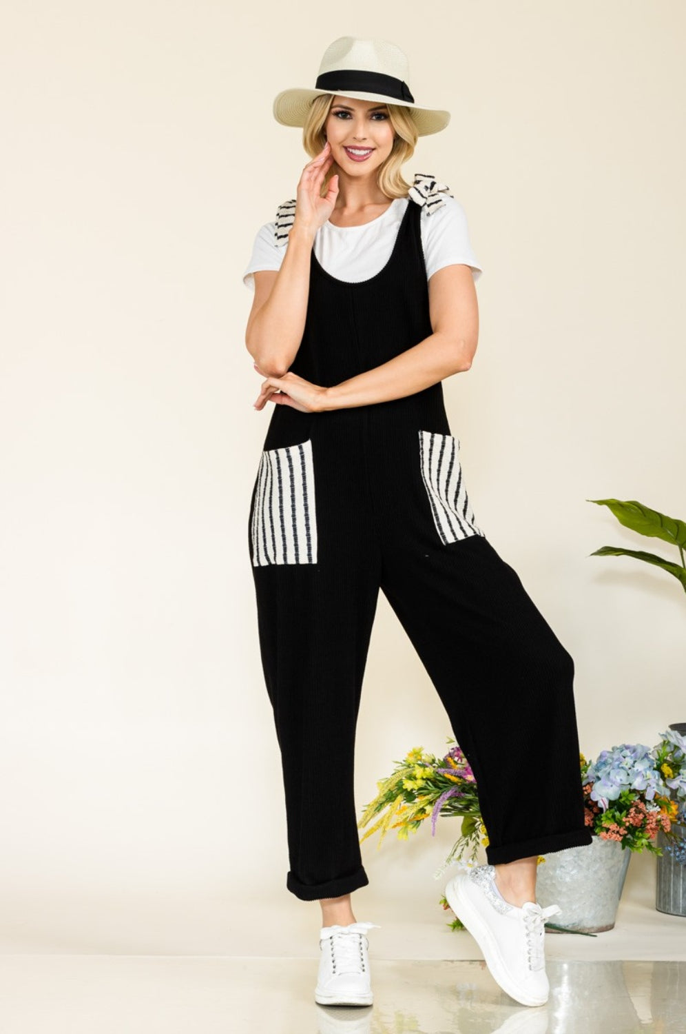 Celeste Full Size Stripe Contrast Pocket Rib Jumpsuit Trendsi