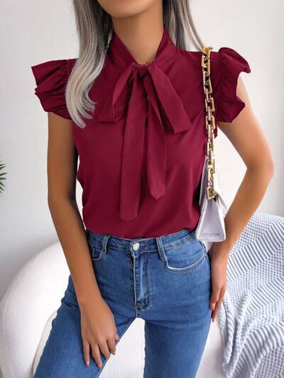 Tie  Neck Cap Sleeve Blouse Trendsi