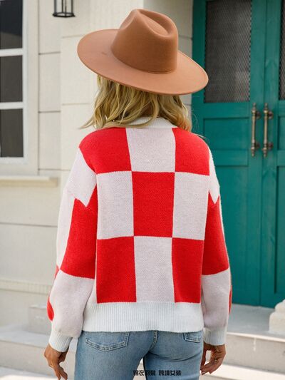 Checkered Round Neck Dropped Shoulder Sweater Trendsi