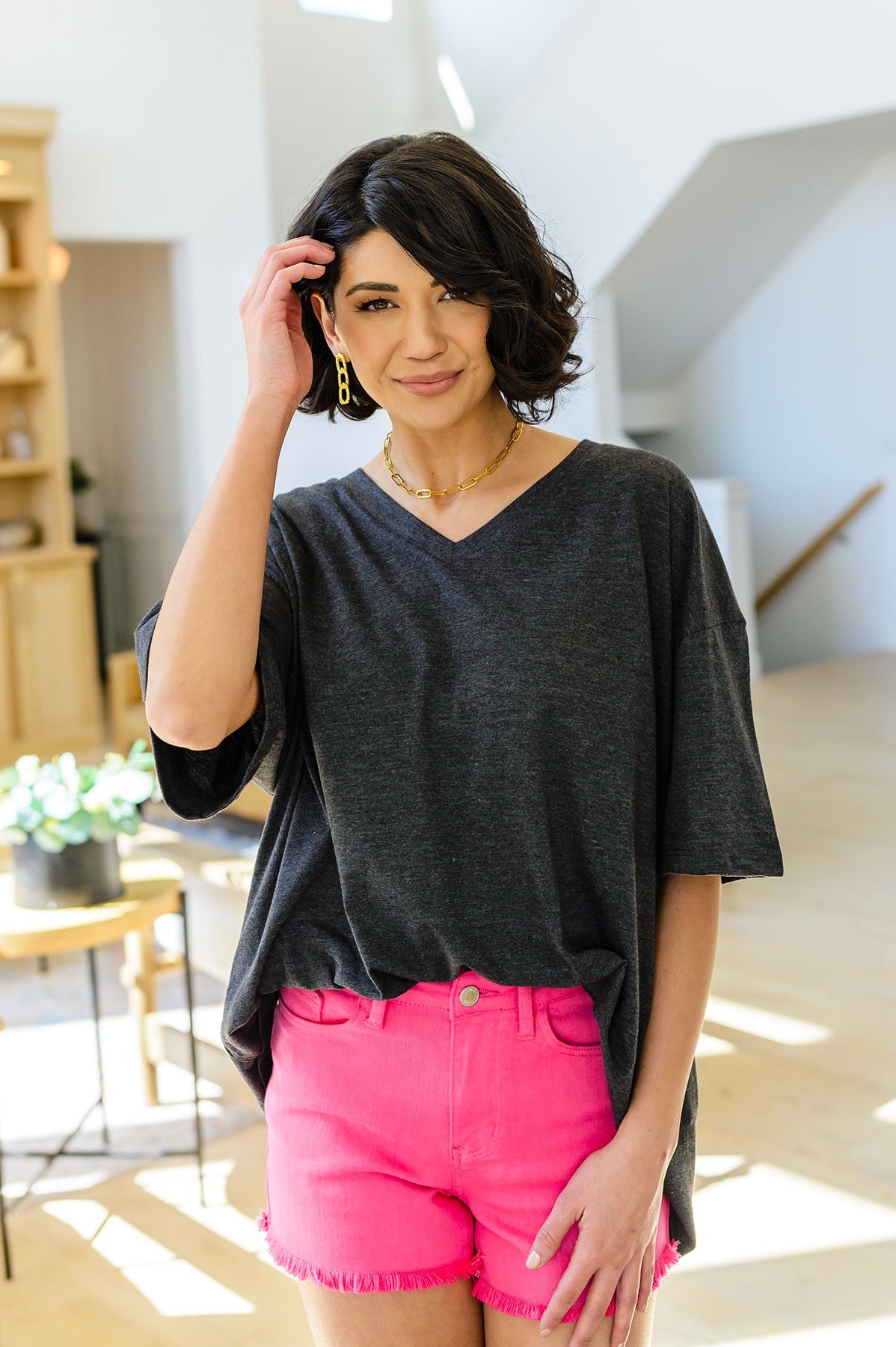 Boxy V Neck Boyfriend Tee In Charcoal Ave Shops