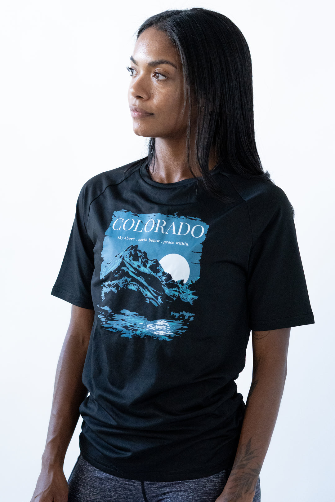 Colorado Sky Above. Earth Below. Peace Within Unisex Performance Tee Black Colorado Threads Clothing
