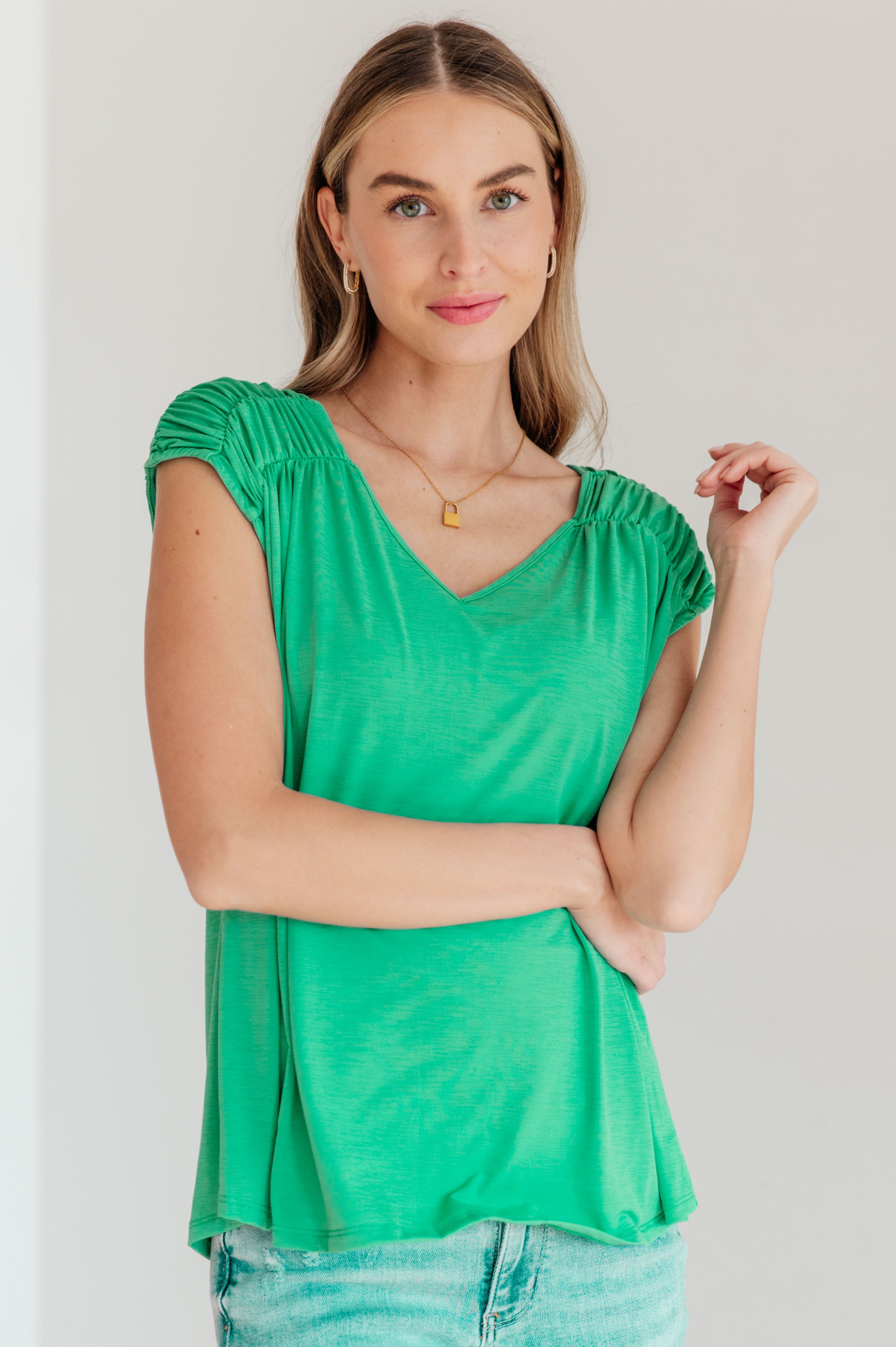 Ruched Cap Sleeve Top in Emerald Ave Shops