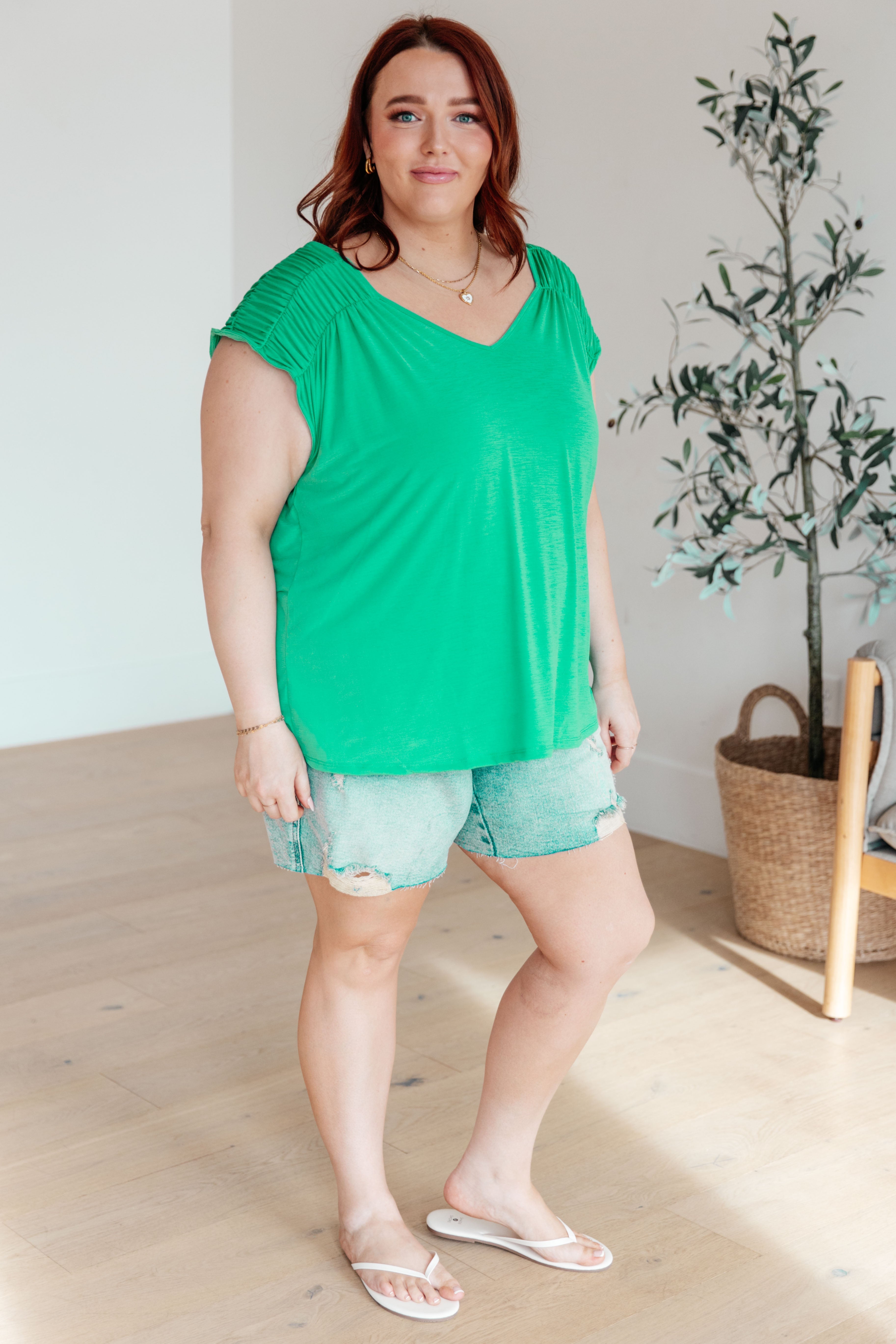 Ruched Cap Sleeve Top in Emerald Ave Shops