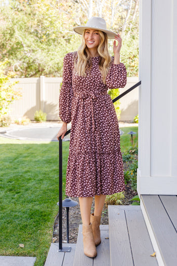 Flow With The Times Floral Midi Dress In Brown Ave Shops