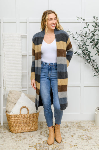 Fuzzy Longline Cardigan In Blue & Cocoa Ave Shops