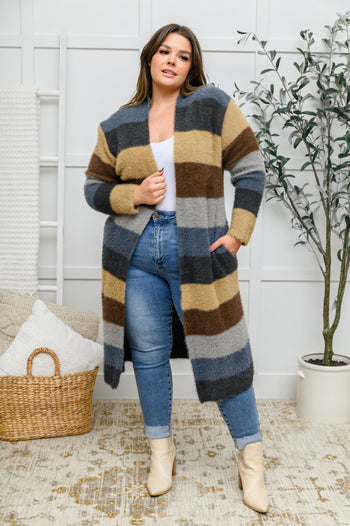 Fuzzy Longline Cardigan In Blue & Cocoa Ave Shops