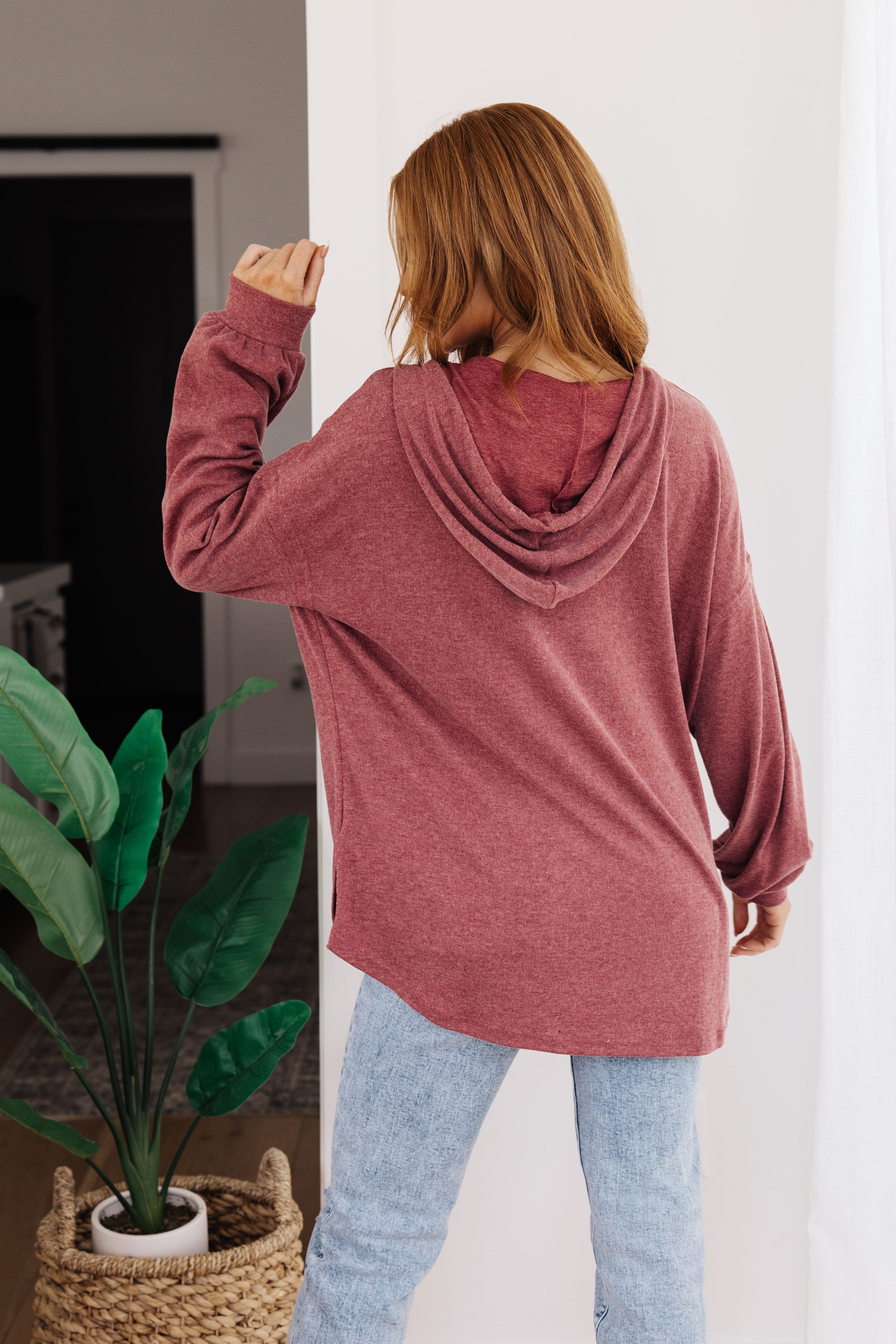 Happier Now Henley Hoodie in Burgundy Ave Shops