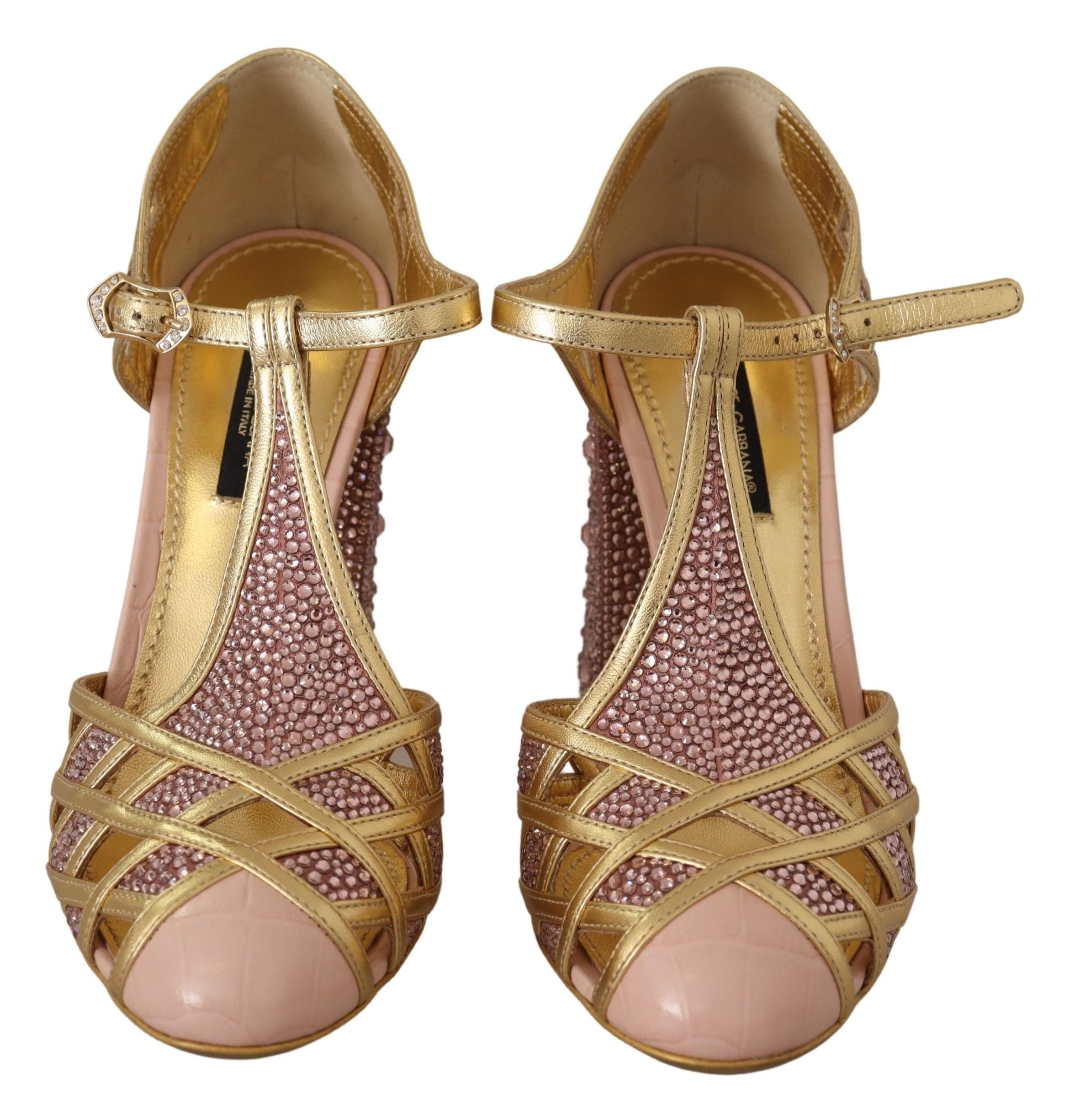 Dolce & Gabbana Pink Gold Leather Crystal Pumps T-strap Shoes GENUINE AUTHENTIC BRAND LLC