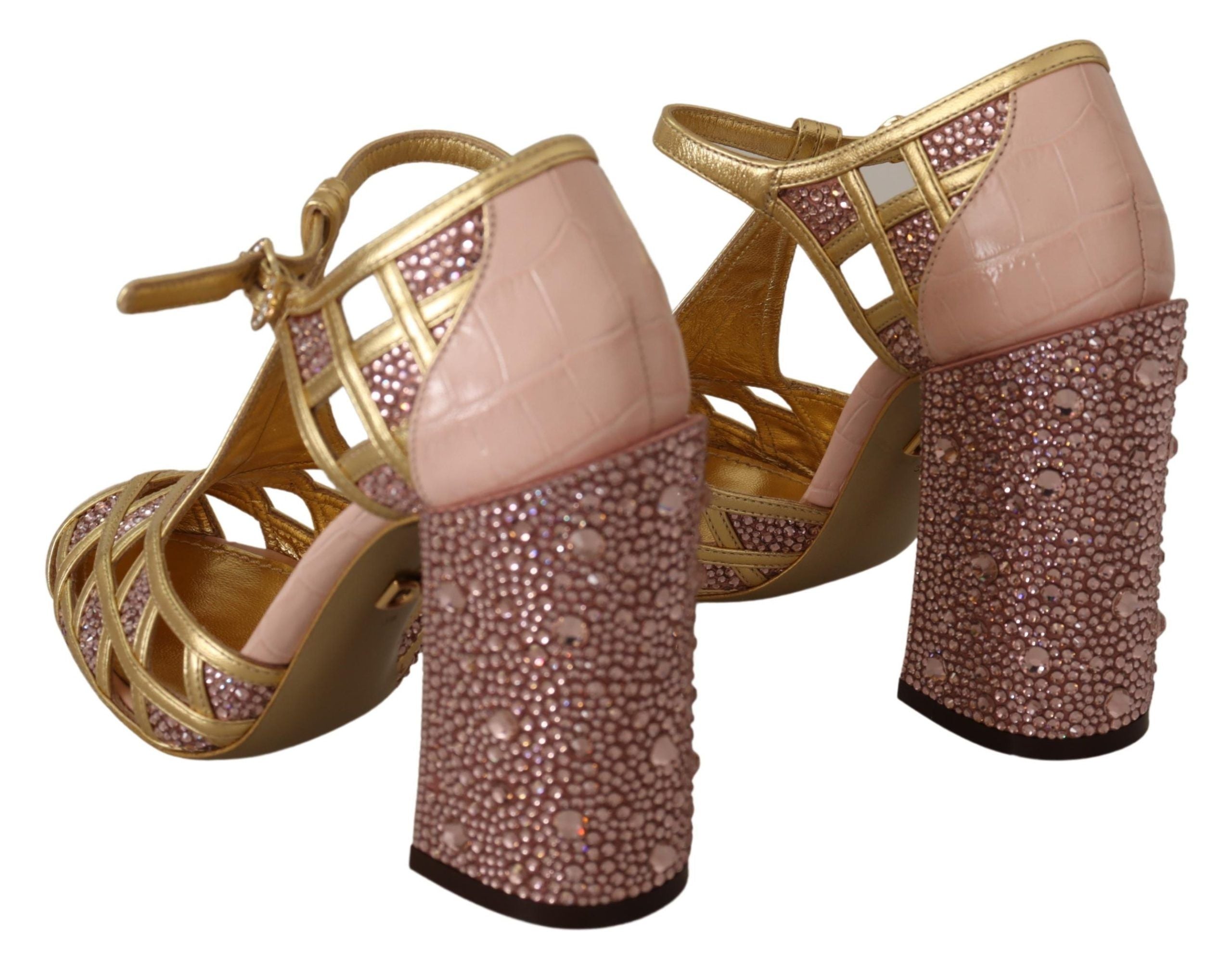Dolce & Gabbana Pink Gold Leather Crystal Pumps T-strap Shoes GENUINE AUTHENTIC BRAND LLC