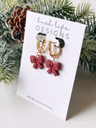 Clay Earrings | Embellished Maroon Bow on Gold Huggies Kush Life Designs