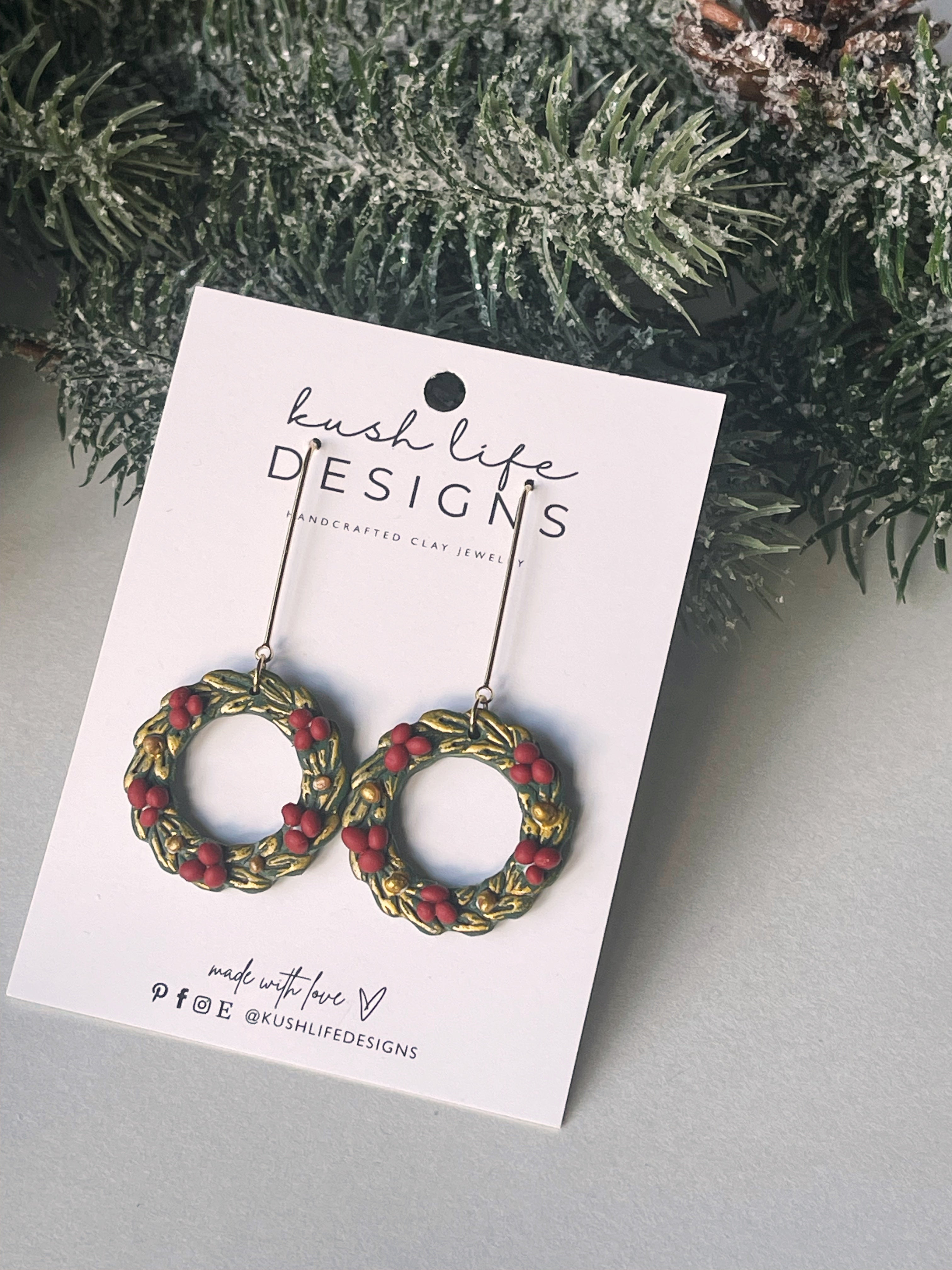Clay Earrings | Gold Trimmed Christmas Wreath Dangle Kush Life Designs