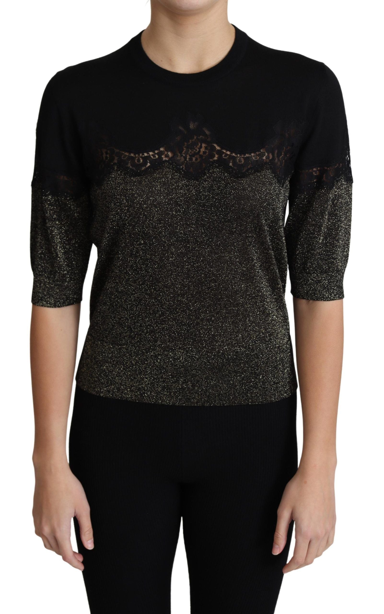 Dolce & Gabbana Black Shiny Lurex Lace Insert Pullover Top GENUINE AUTHENTIC BRAND LLC