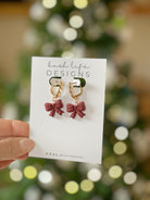 Clay Earrings | Embellished Maroon Bow on Gold Huggies Kush Life Designs