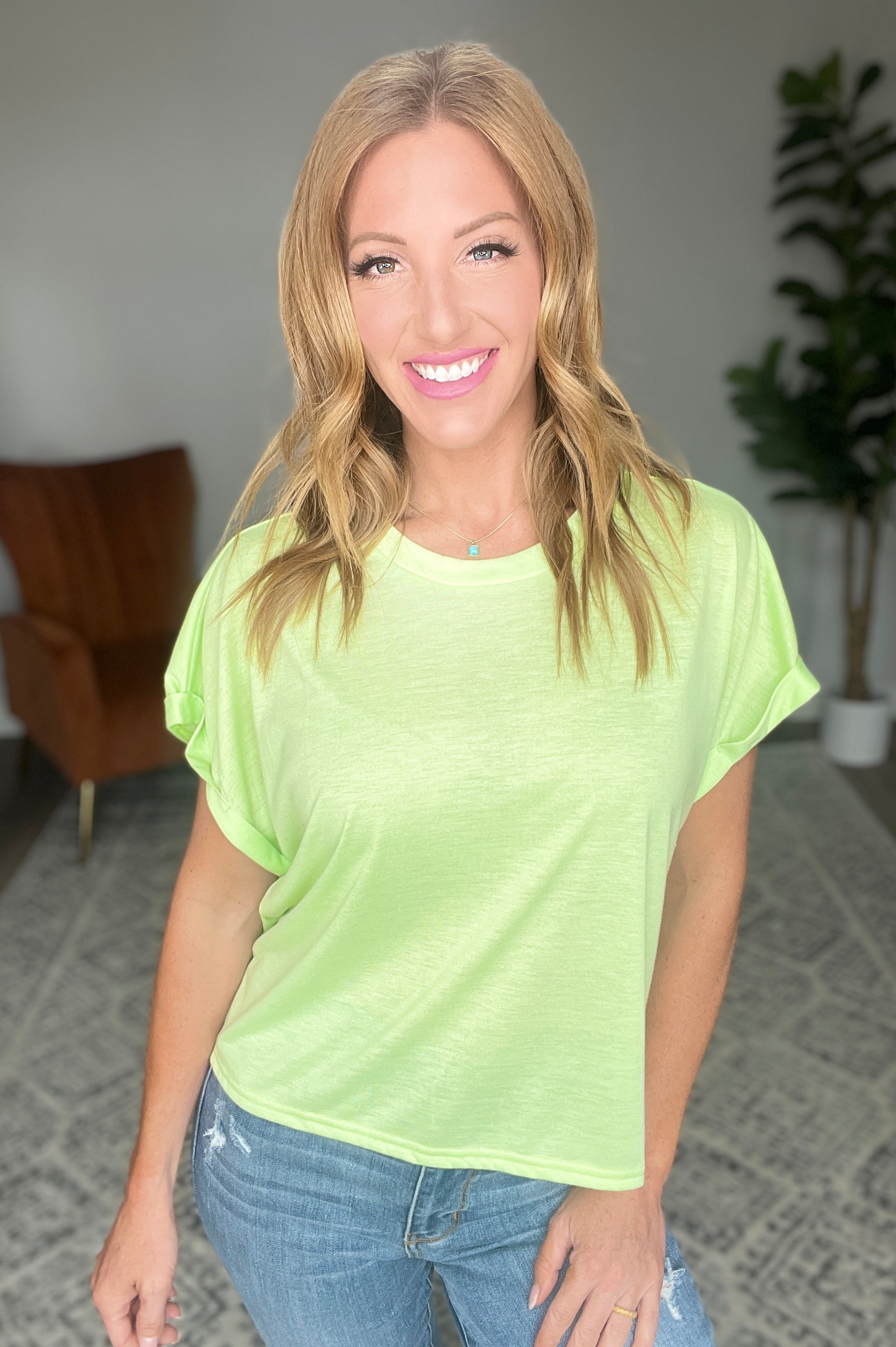 Round Neck Cuffed Sleeve Top in Lime |   |  Casual Chic Boutique
