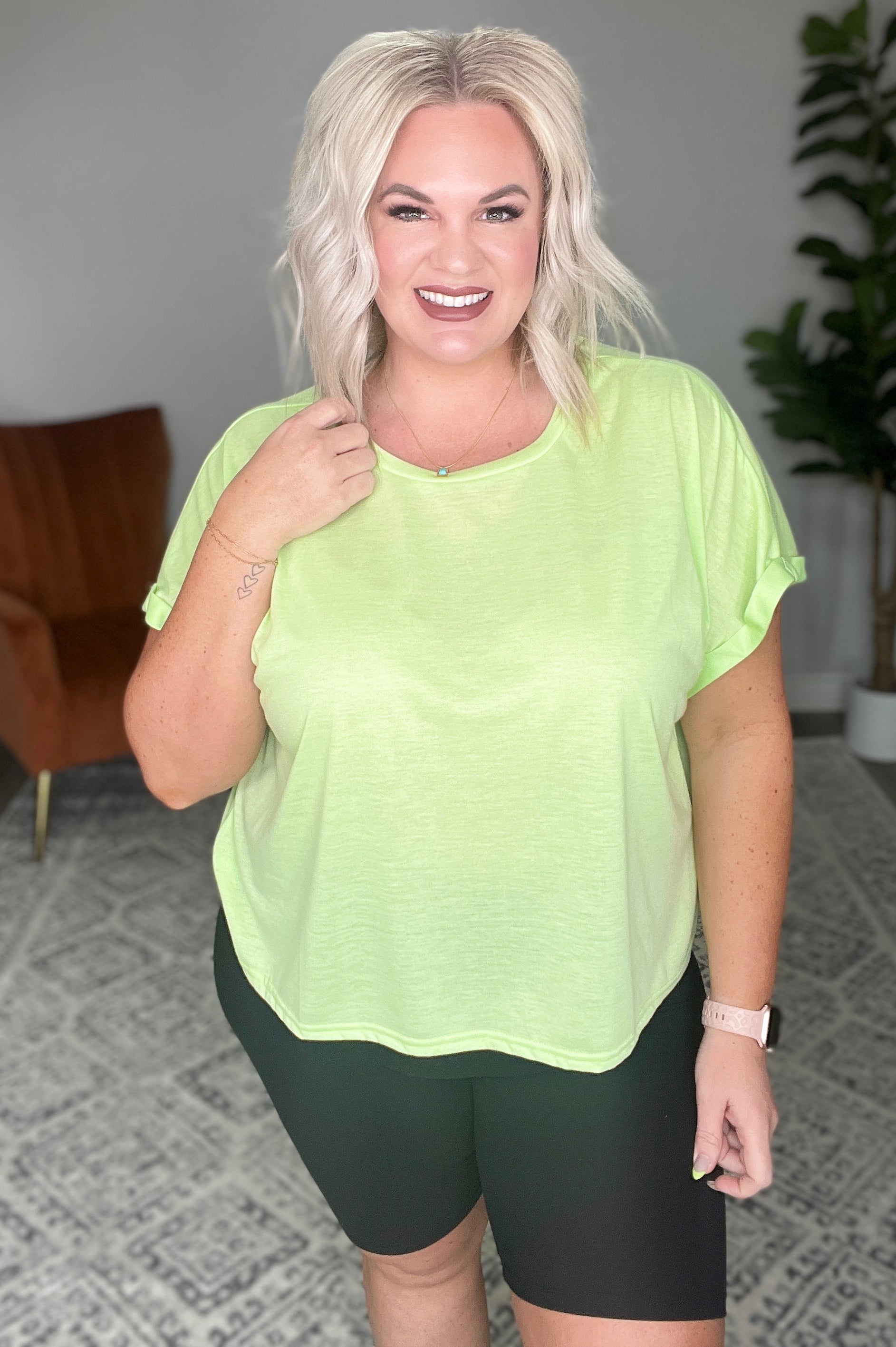 Round Neck Cuffed Sleeve Top in Lime |   |  Casual Chic Boutique