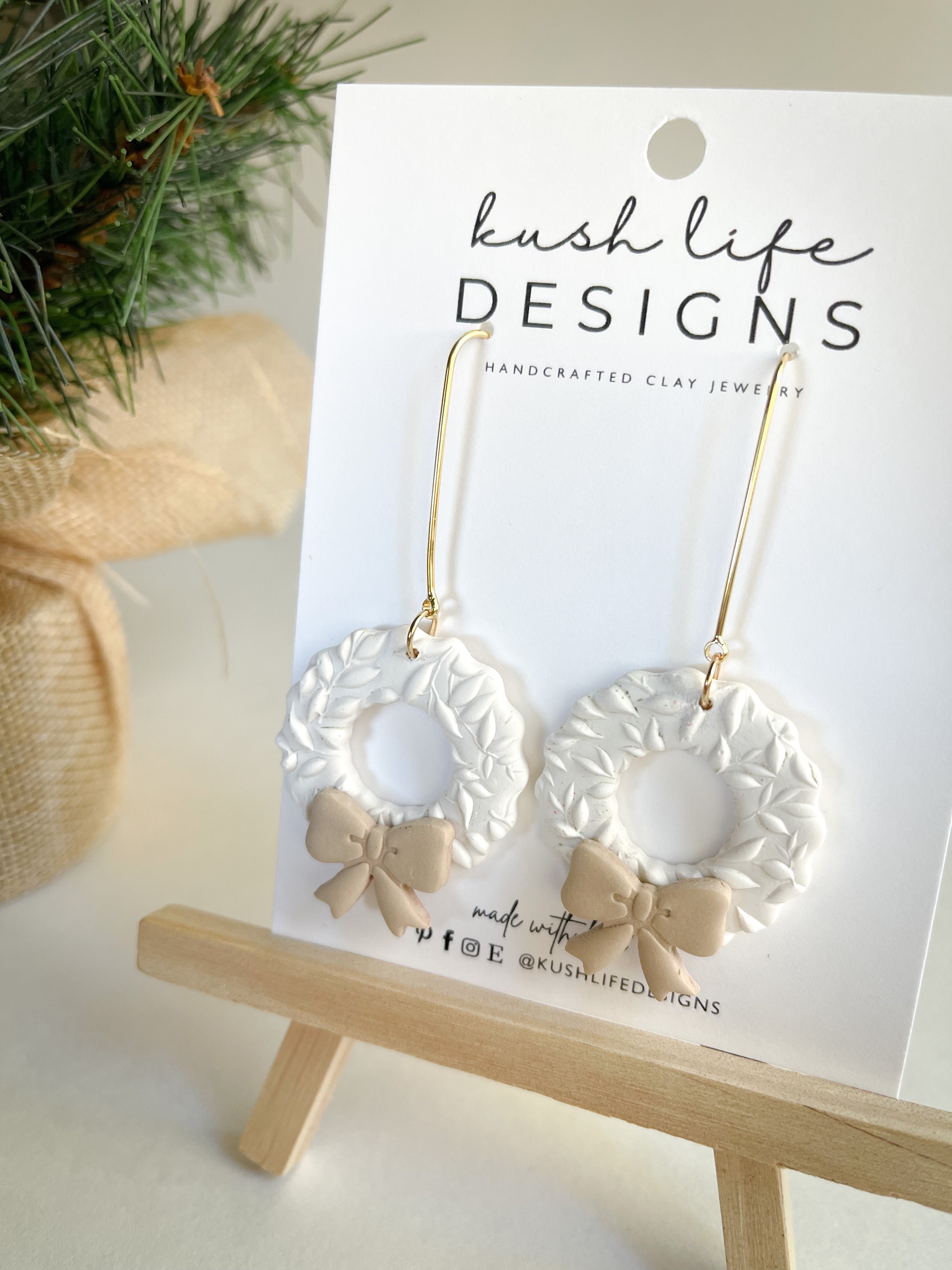 Clay Earrings | Speckled Off-White Christmas Wreath Dangle Kush Life Designs