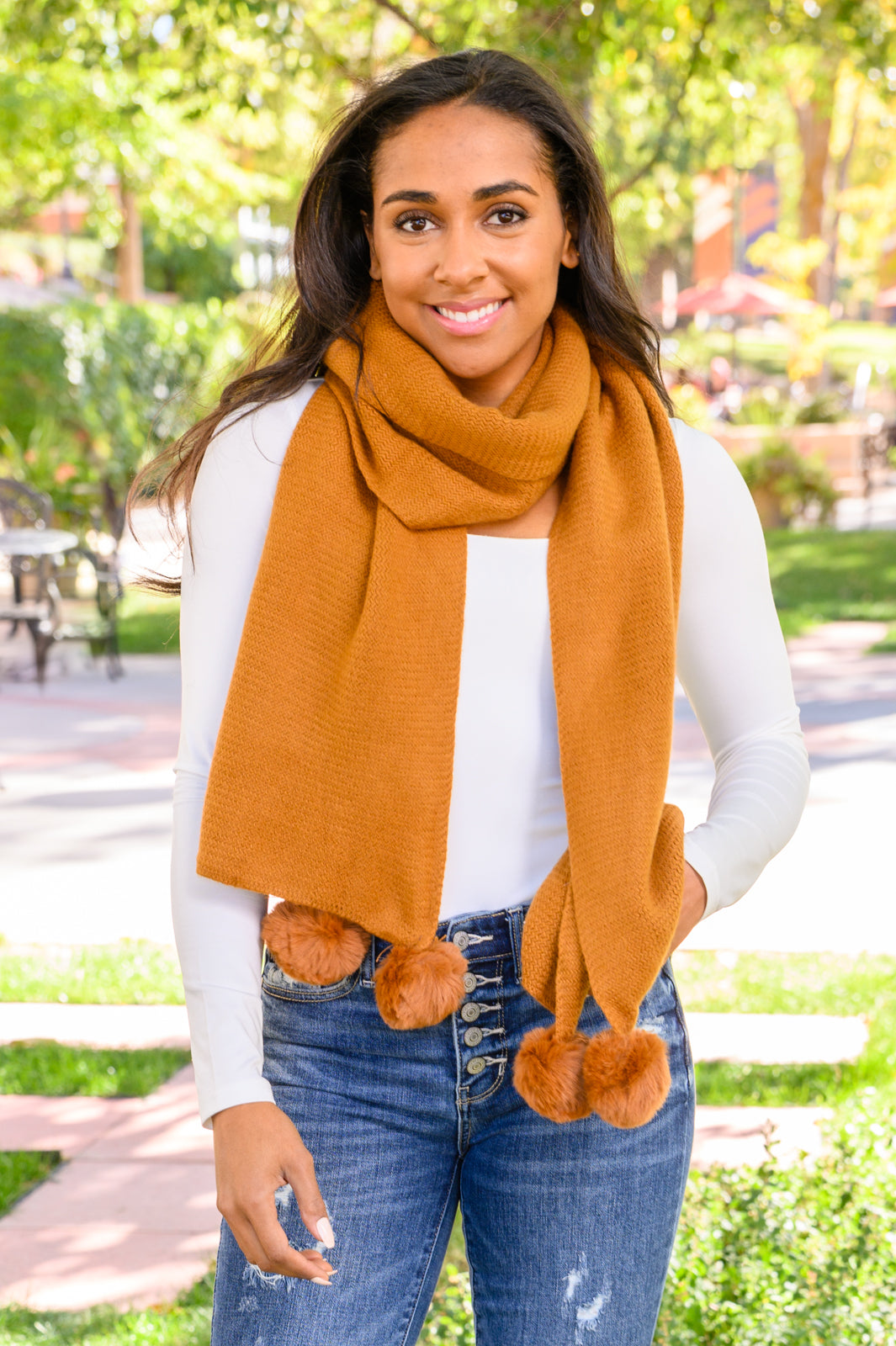 Knitted Fuzzy Pom Pom Scarf In Ginger Ave Shops