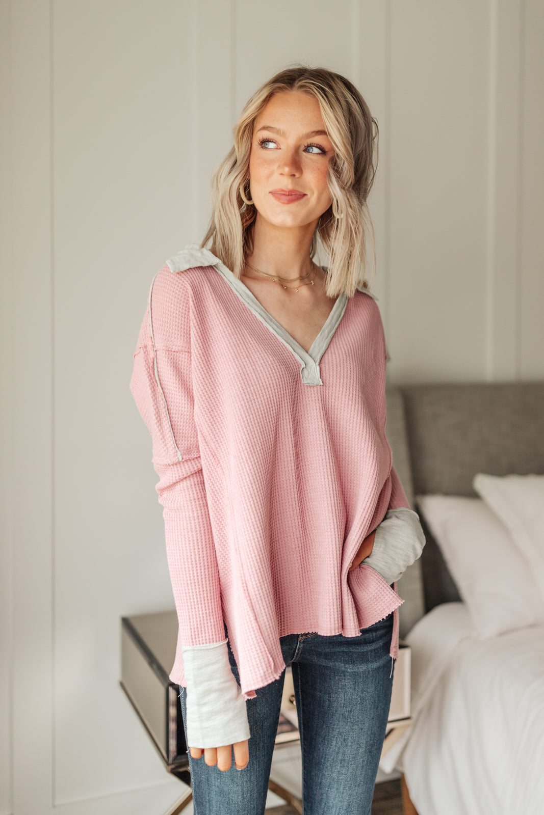 Mia Waffle Knit Long Sleeve In Pink Ave Shops