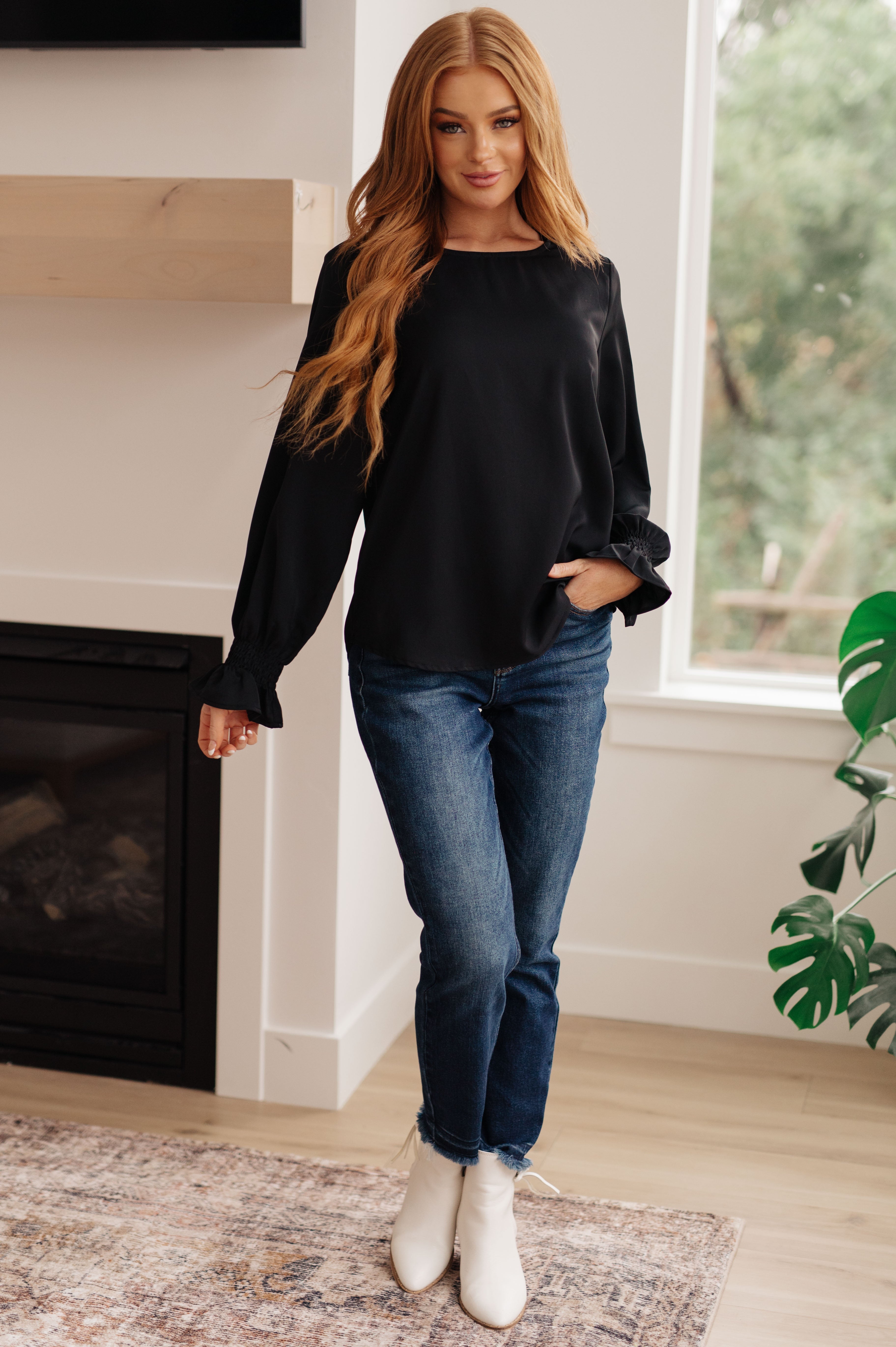 Peaceful Moments Smocked Sleeve Blouse in Black Ave Shops