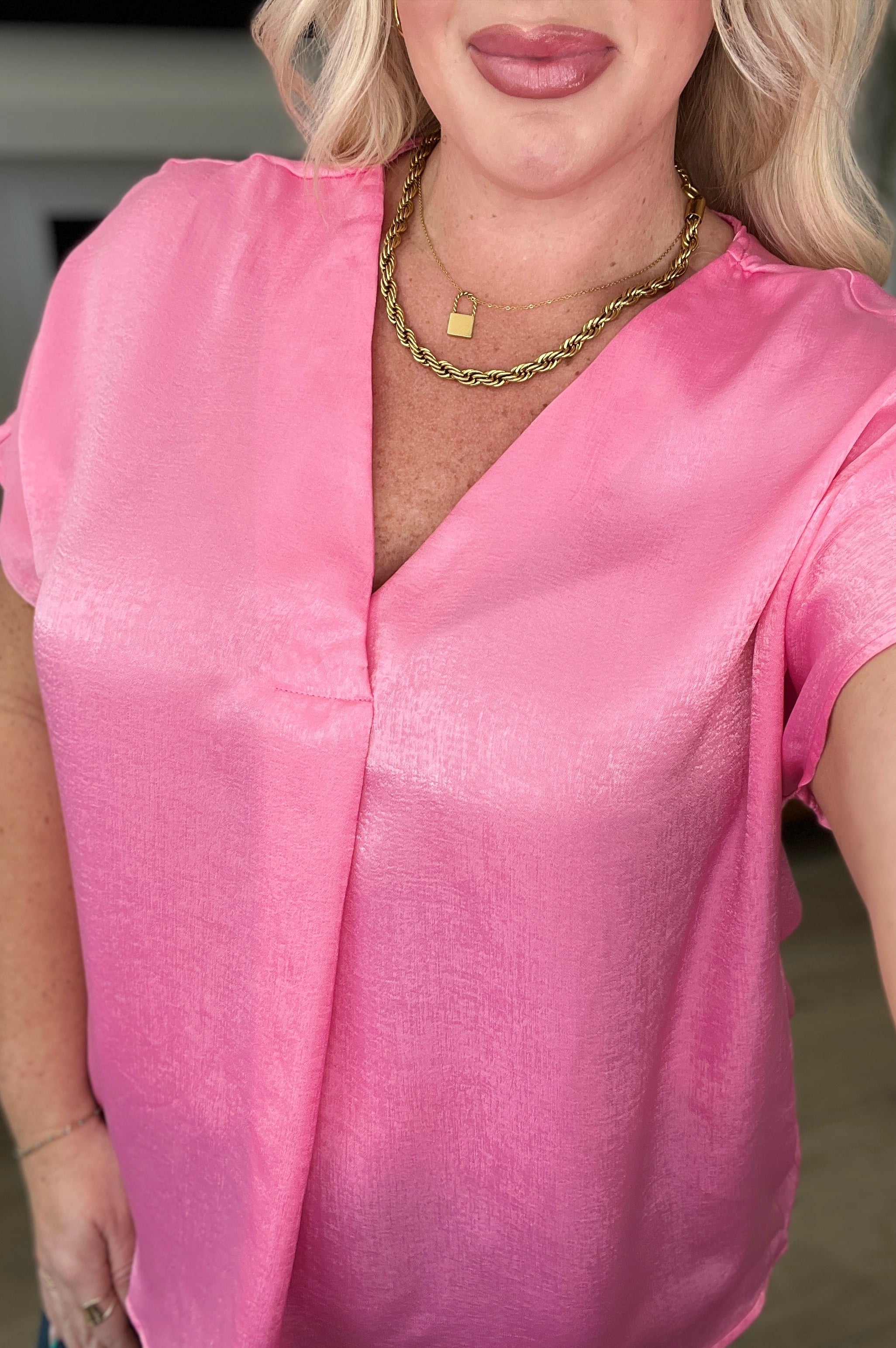 Pleat Front V-Neck Top in Pink Cosmos Ave Shops