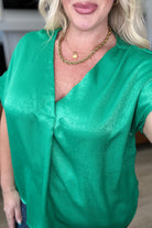Pleat Front V-Neck Top in Kelly Green Ave Shops